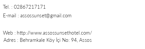 Assos Sunset Hotel telefon numaralar, faks, e-mail, posta adresi ve iletiim bilgileri